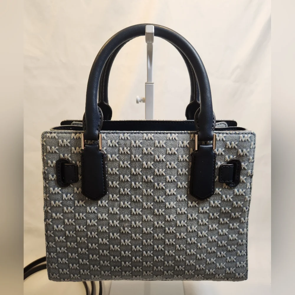 Michael Kors Hamilton Small Logo Embossed Washed Denim Satchel - Picture 7 of 13